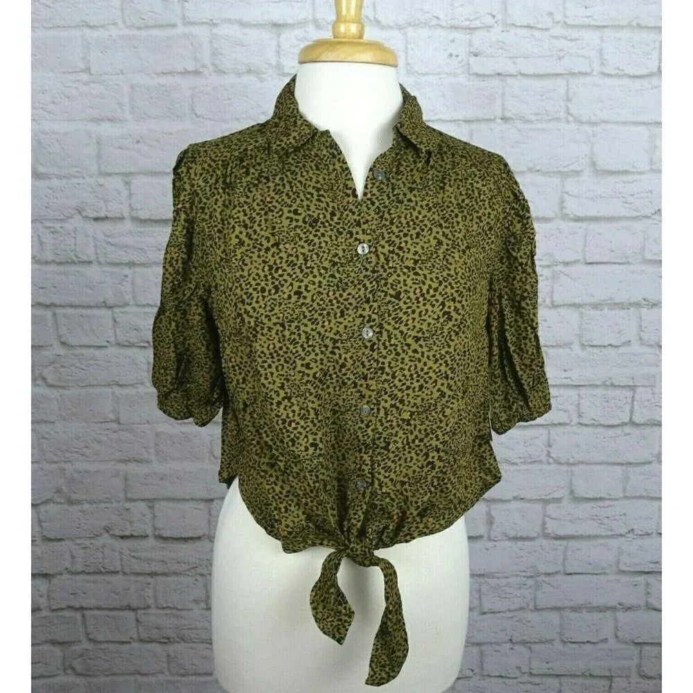 NWT Free People Celia Top Leopard Print Tie-Front Puff Sleeves Button Down XS